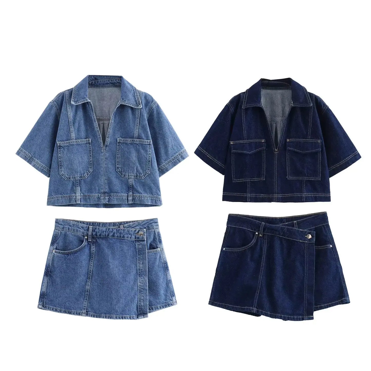 TRAFZA Summer Women Suits Denim Blue Turn-Down Collar Short Sleeves Pocket Decoration Shirts+Mid Waist Asymmetrical Shorts