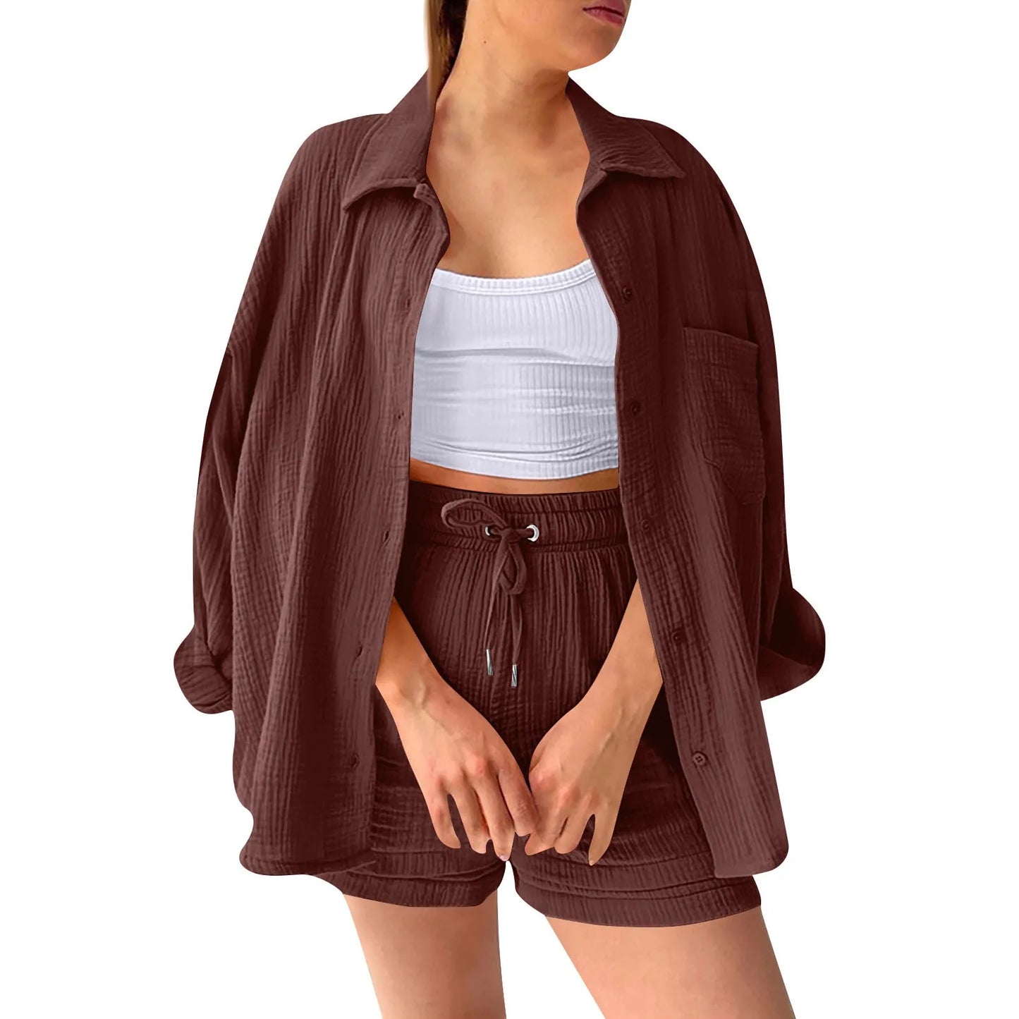 Summer Cotton Linen High Waist Shirt Shorts Women Turn Down Collar Long Sleeve Tops and Shorts Suit Cotton Casual Two Piece Sets