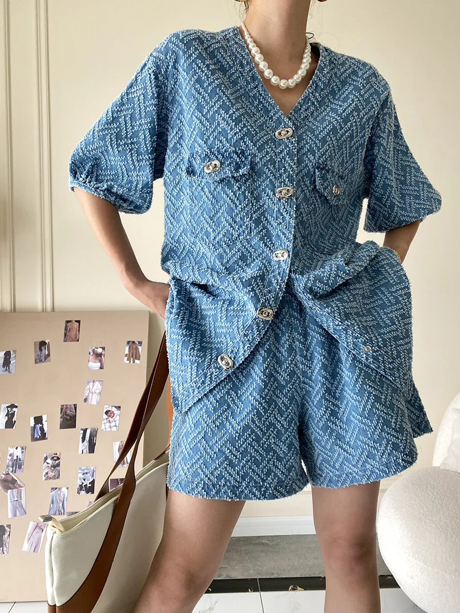 Women's Denim Short Sleeve Top and Shorts Two Piece Suit French Fashion Spring Summer Cowgirl Top Streetwear Korean Leisure New