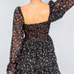 2022 Women Sexy Cross Bandage Black Flower Print Puff Long Sleeve Dress 3 layer Wood Ears Ruffles Hem Cake Mini Holiday Robe