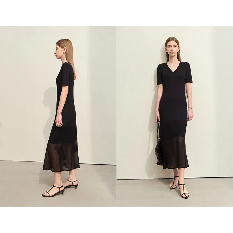 Amii Minimalism 2024 Women's Knitted Dresses Summer New V-neck Spliced Chiffon Short-sleeve Female Slim Fishtail Dress 12442152