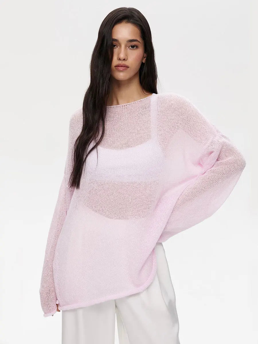 Original Fashion Hollow Out Knit Shirt Spring And Summer Women's Perspective Thin O-Neck Loose Elastic Long Sleeve Knit T-shirt
