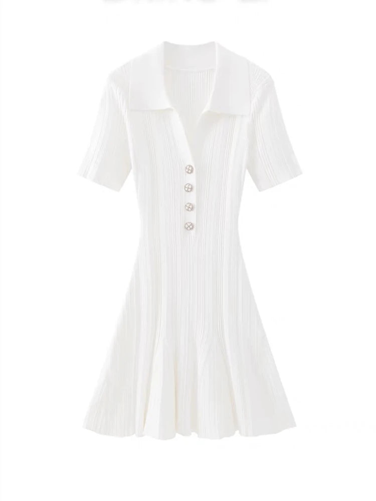 Summer New Women's Turn Down Collar Short Sleeve Knitted Mini Dress Slim Fit A-line Diamond Buttons White Short Dress  C-050