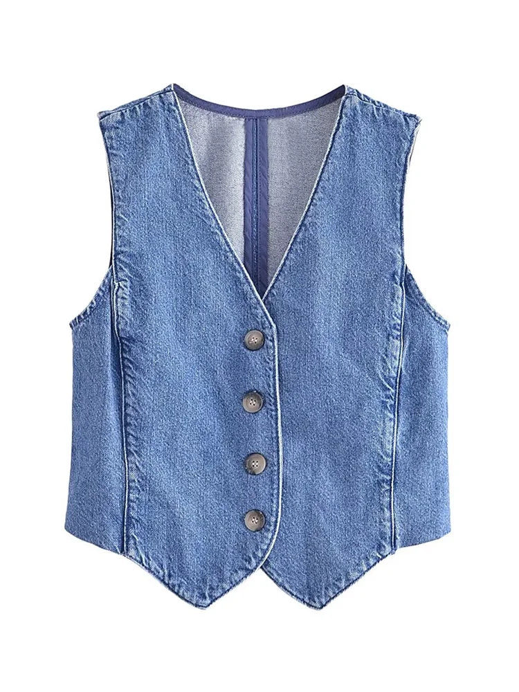 TRZA Women Fashion Front Button Denim Waistcoat Vintage V Neck Sleeveless Female Outerwear Chic Vest Tops