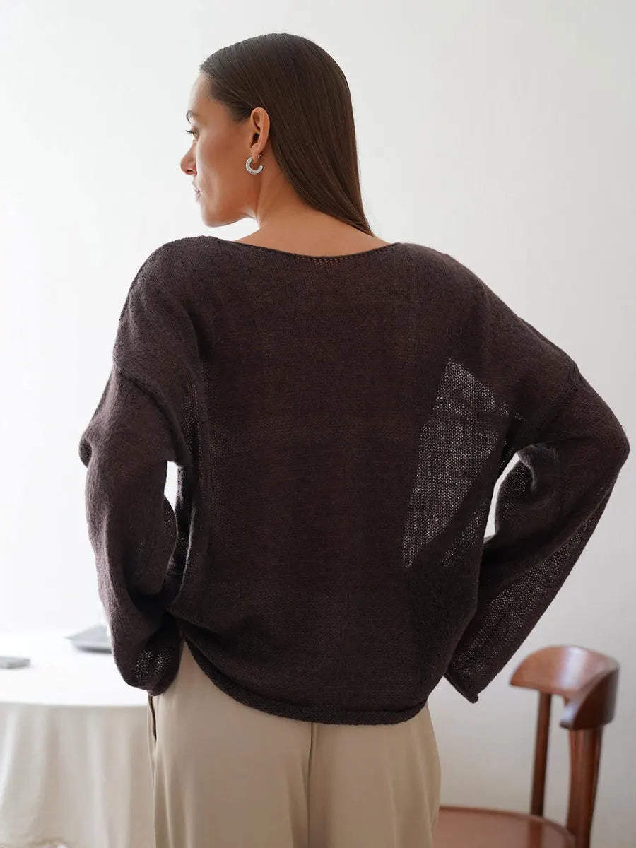 Original Fashion Hollow Out Knit Shirt Spring And Summer Women's Perspective Thin O-Neck Loose Elastic Long Sleeve Knit T-shirt