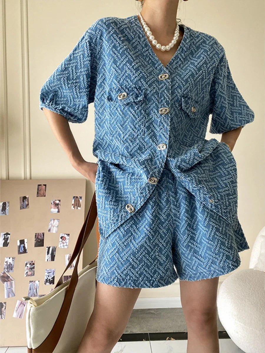 Women's Denim Short Sleeve Top and Shorts Two Piece Suit French Fashion Spring Summer Cowgirl Top Streetwear Korean Leisure New