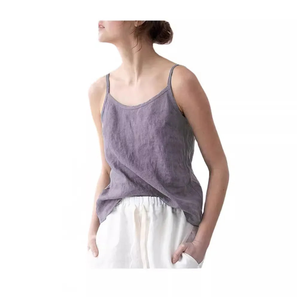 Pure Color Cotton Linen Sleeveless V-Neck Women's Tank Top Loose Fit Simple Style Outerwear Casual Comfortable Vest