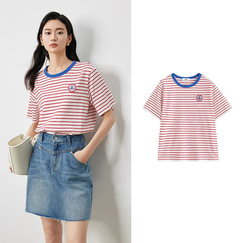 TOYOUTH Women Striped Short Sleeved T-shirt 2024 Summer New Academy Style Round Neck Top