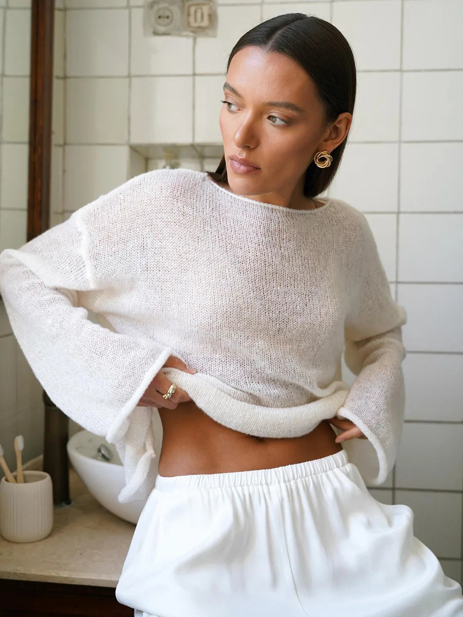 Original Fashion Hollow Out Knit Shirt Spring And Summer Women's Perspective Thin O-Neck Loose Elastic Long Sleeve Knit T-shirt