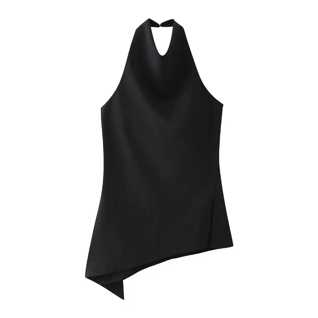 TRAFZA Women Vintage Solid Pant Sets Sexy Backless Halter Camis Top Asymmetric Tank Top + Drawstring Trousers Fashion Streetwear