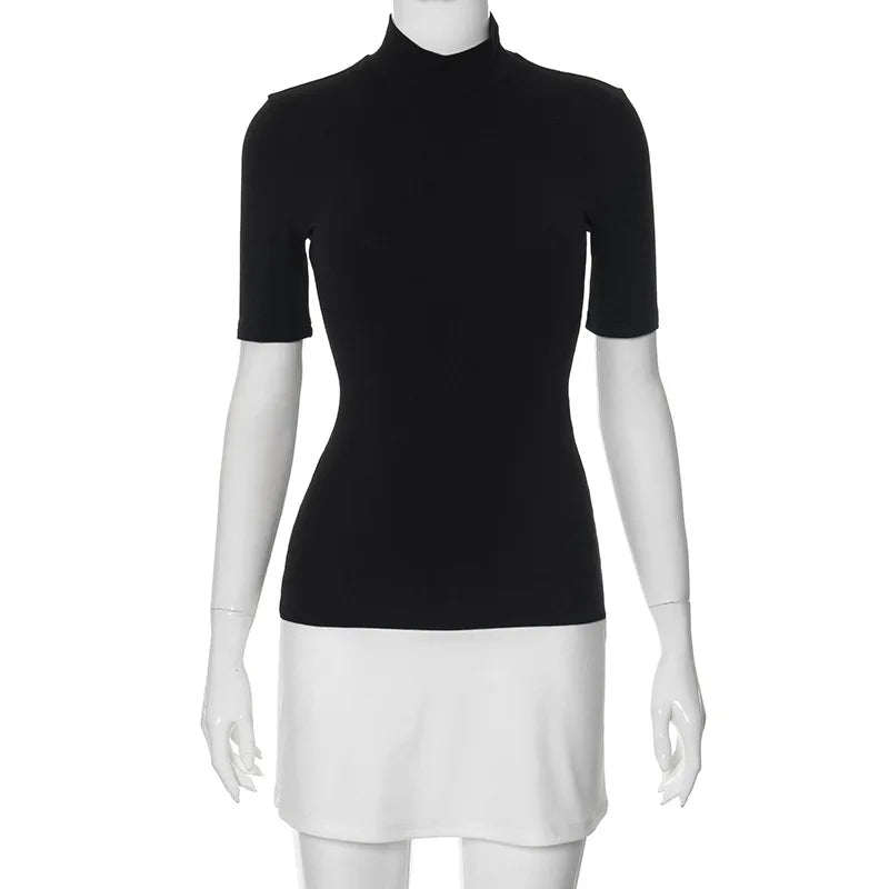 TARUXY Contrast Color Slim Mini Dress Female High Waist Splice Sexy Party Dress Half Turtleneck Women's Elegant 2024 Autumn New