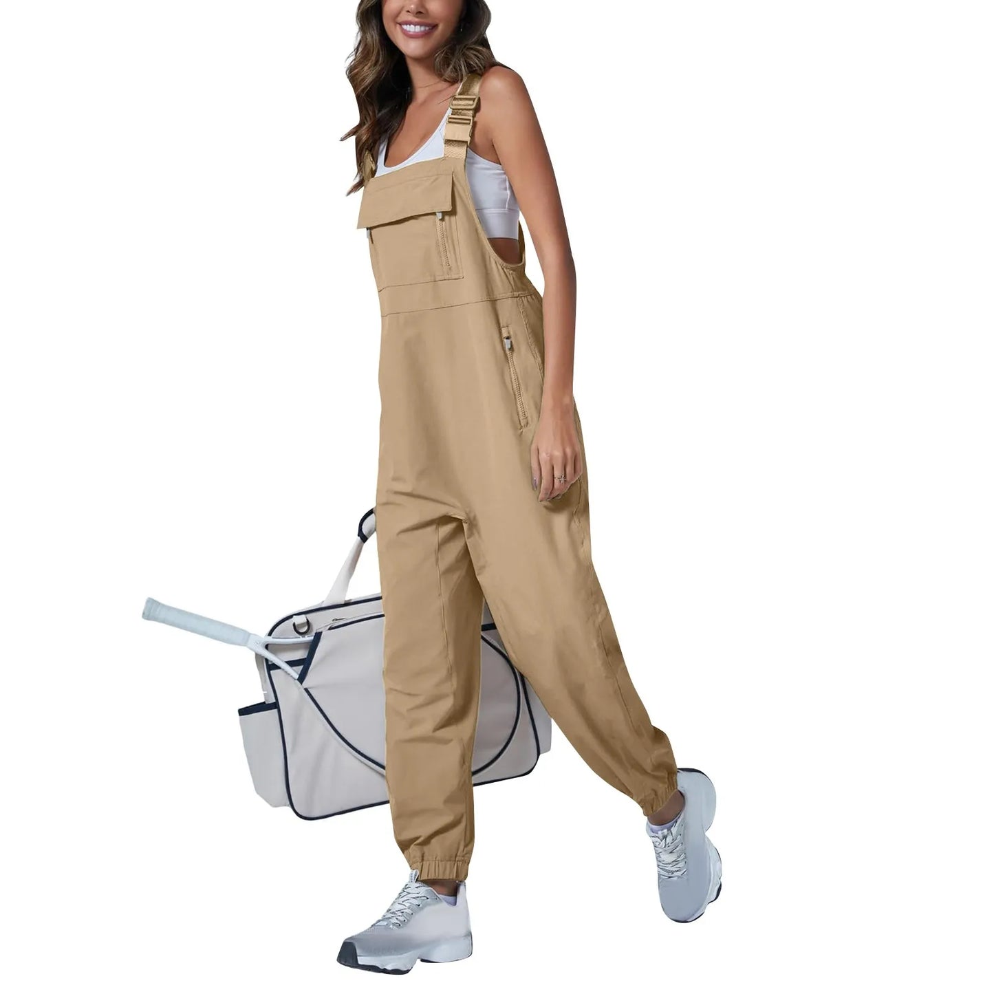 Women'S Jumpsuits Summer Fashion Casual Loose Wide Leg Jumpsuits Solid Color Insert Pockets Retro Button Strap Jumpsuits
