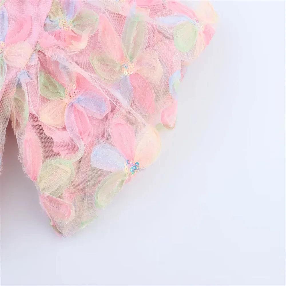 PB&ZA 2025 Women's Pink Short - length Blouse with Colorful Floral Embroidery Puff Sleeves and Collar for a Sweet Look