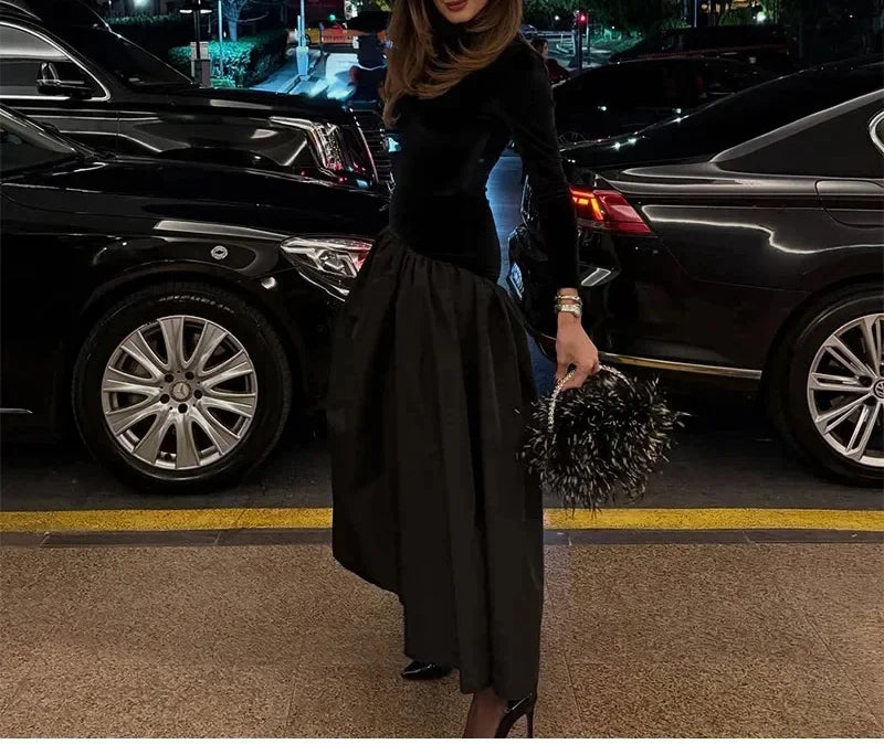 2025 New Lady Chic Party Gowns Elegant Women Velvet Long Sleeve Pleated Hem Robes Fashion Half High Collar Slim Fit Maxi Dress