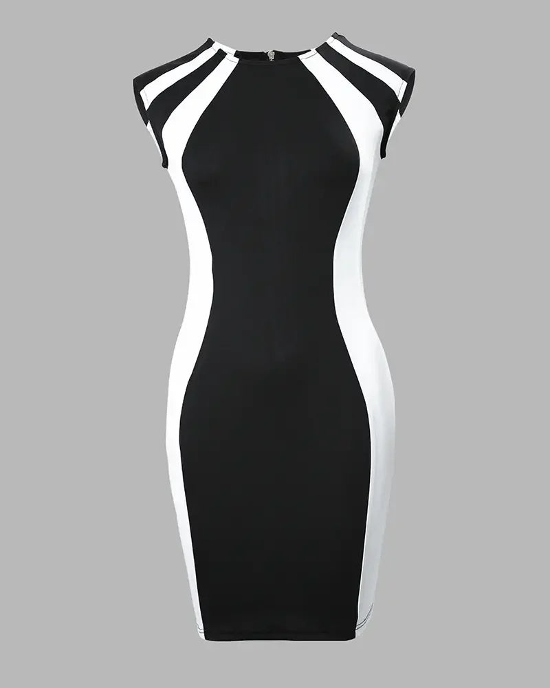 Elegant Women Party Club Dresses 2023 Summer Fashion Colorblock Round Neck  Bodycon Dress Sleeveless Casual Mini Black Dress