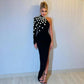 Fashion Women Celebrity Sexy Single Sleeve Rhinestone Black Maxi Long Bodycon Bandage Dress Elegant Evening Club Party Dress