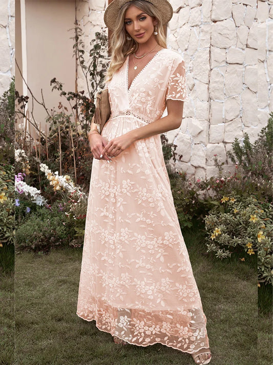 Embroidery Boho Long Dress Women Elegant Hollow Out Lace Holiday Beach Dress Female Fashion V Neck Short Sleeve Maxi Dress 2023
