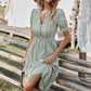Women's Causal Striped Tassel Medium Long Dress V Neck Button Short Sleeve Spring Summer Dress