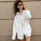 Bornladies Cotton Casual Pants Sets Women's Solid Color Cozy Lapel Long Sleeve Shirt Summer Outfit Elastic Waist Pants Suits