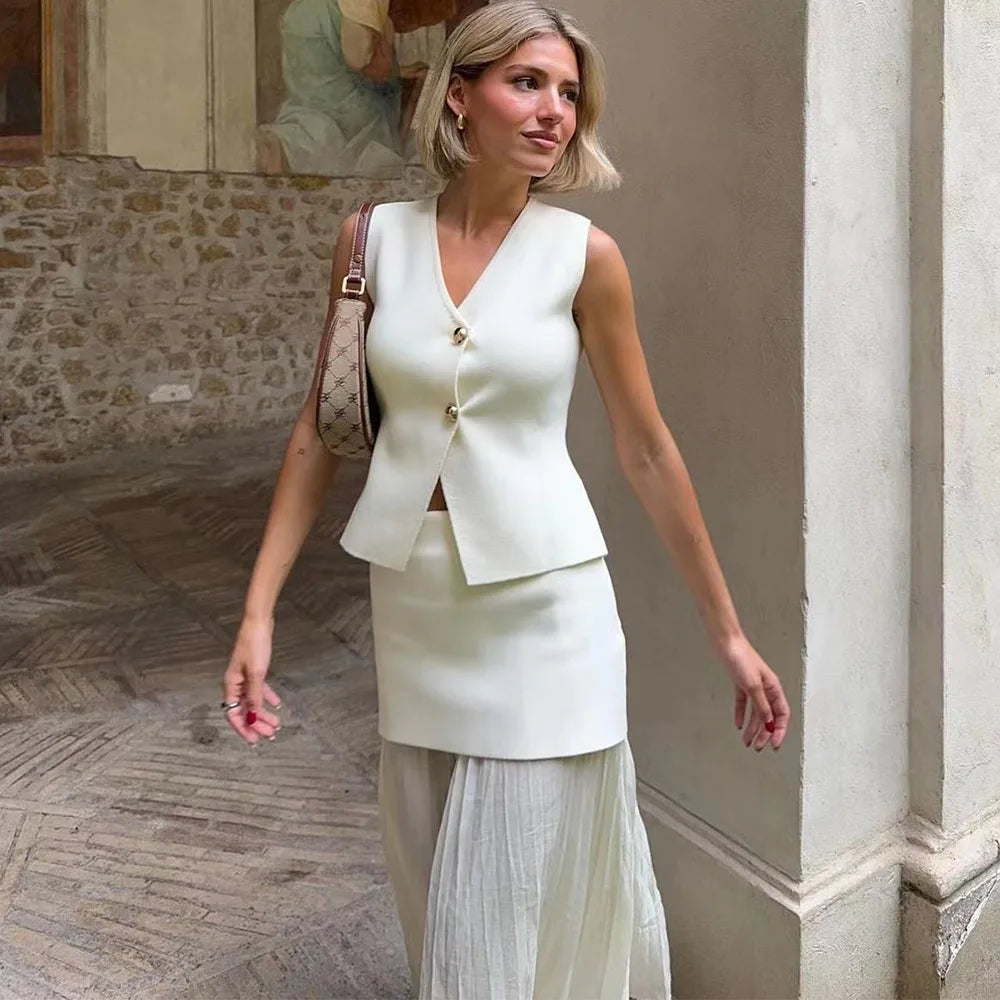 Talenza Women 2 Piece Set V-Neck Sleeveless Button Knitted Vest Top+Elegant Splicing High Waist Zipper Long Skirts Holiday Suits