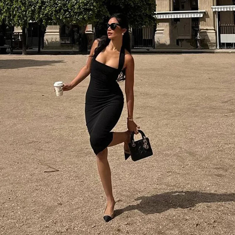 TARUXY One-Shoulder Bodycon Black Evening Dress For Women Sexy Backless Sleeveless Neck-Mounted Long Party Dress Female Elegant