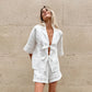 TARUXY Fashion White Cotton Linen Hollow Out Lace Up Top And Short Pants Suit Women's Loose Top Casual Splice Sets Lady Summer