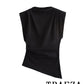TRAFZA Vintage Chic Women Solid Asymmetric O-Neck Zipper Sleeveless Cross Folds Top Fashion 2025 Streetwear Padded Shoulder Top
