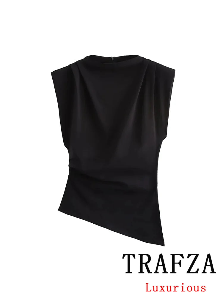 TRAFZA Vintage Chic Women Solid Asymmetric O-Neck Zipper Sleeveless Cross Folds Top Fashion 2025 Streetwear Padded Shoulder Top