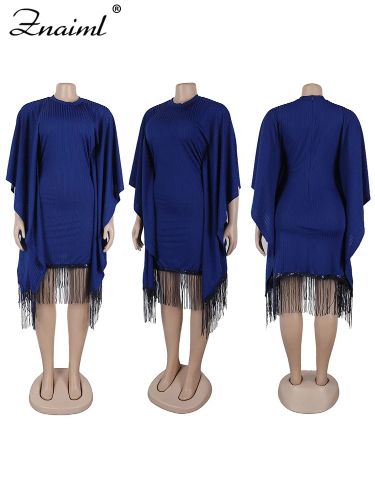 Znaiml Elegant Batwing Sleeve Tassel Slim Birthday Party Black Midi Dresses Women Sexy Evening Prom Bodycon African Vestidos New