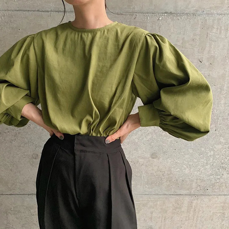 Japan Style Office Lady Elegant Vintage Blouse Women O-neck Loose Lantern Sleeve Shirts Solid All-amtch Blusas Autumn Ladies Top