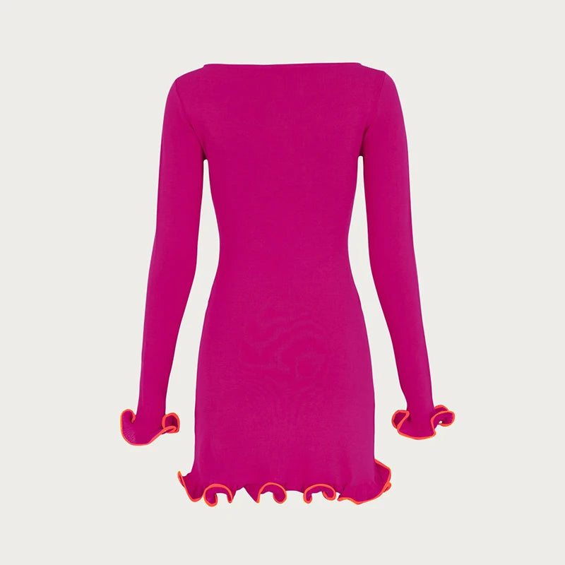 TARUXY Spring New Knitted Mini Dress For Women Fungus Contrast Color Slim Sweater Dress Elegant Female Party Clothes Long Sleeve
