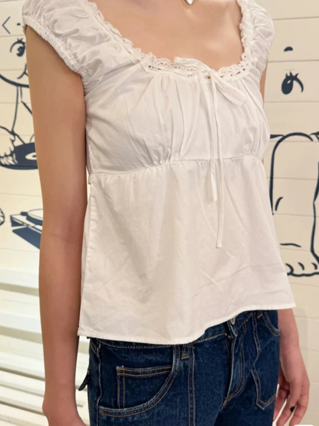 2024 New White Lace Tied Square Neck Summer T-shirts Chic Elegant Short Sleeve Tee Cotton Y2K Street Casual Bow Tie-up Top Women