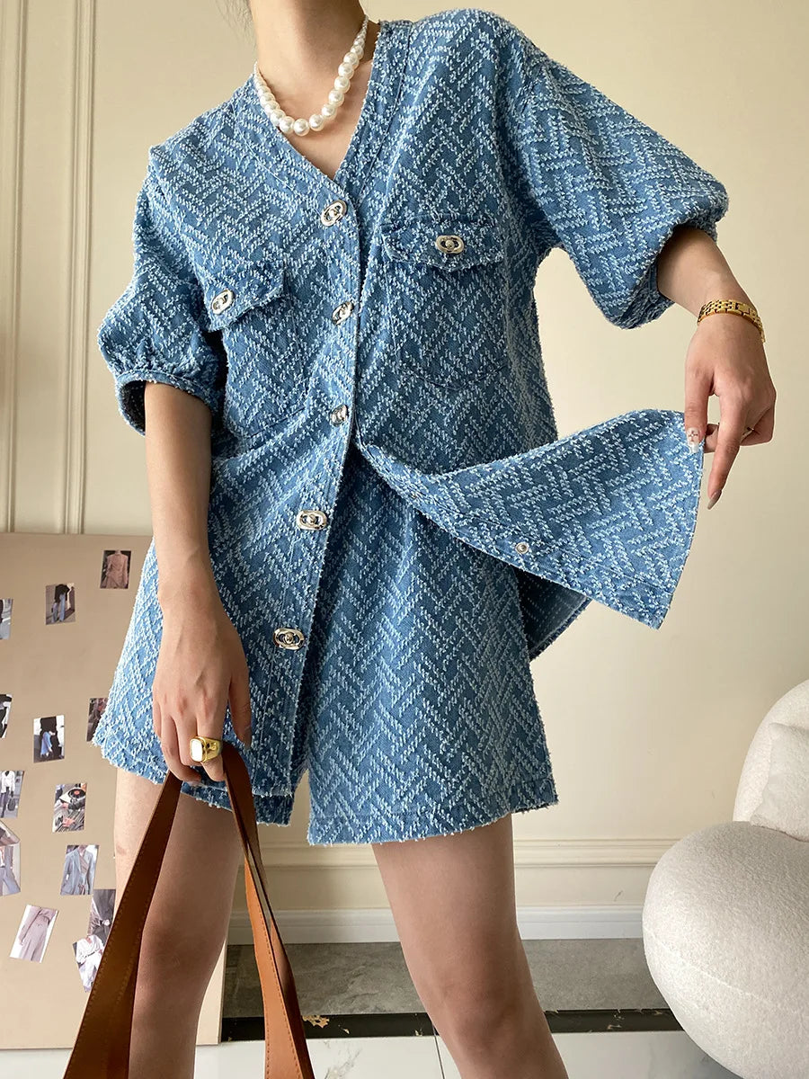 Women's Denim Short Sleeve Top and Shorts Two Piece Suit French Fashion Spring Summer Cowgirl Top Streetwear Korean Leisure New