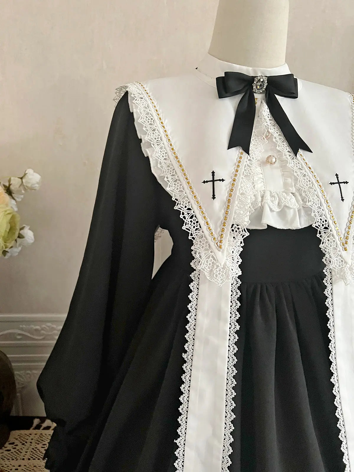 Contract Color Lolita Dress for Women Gothic Style Dark Girl Japanese Retro Op Dress Autumn and Winter Long Sleeve Black Dress