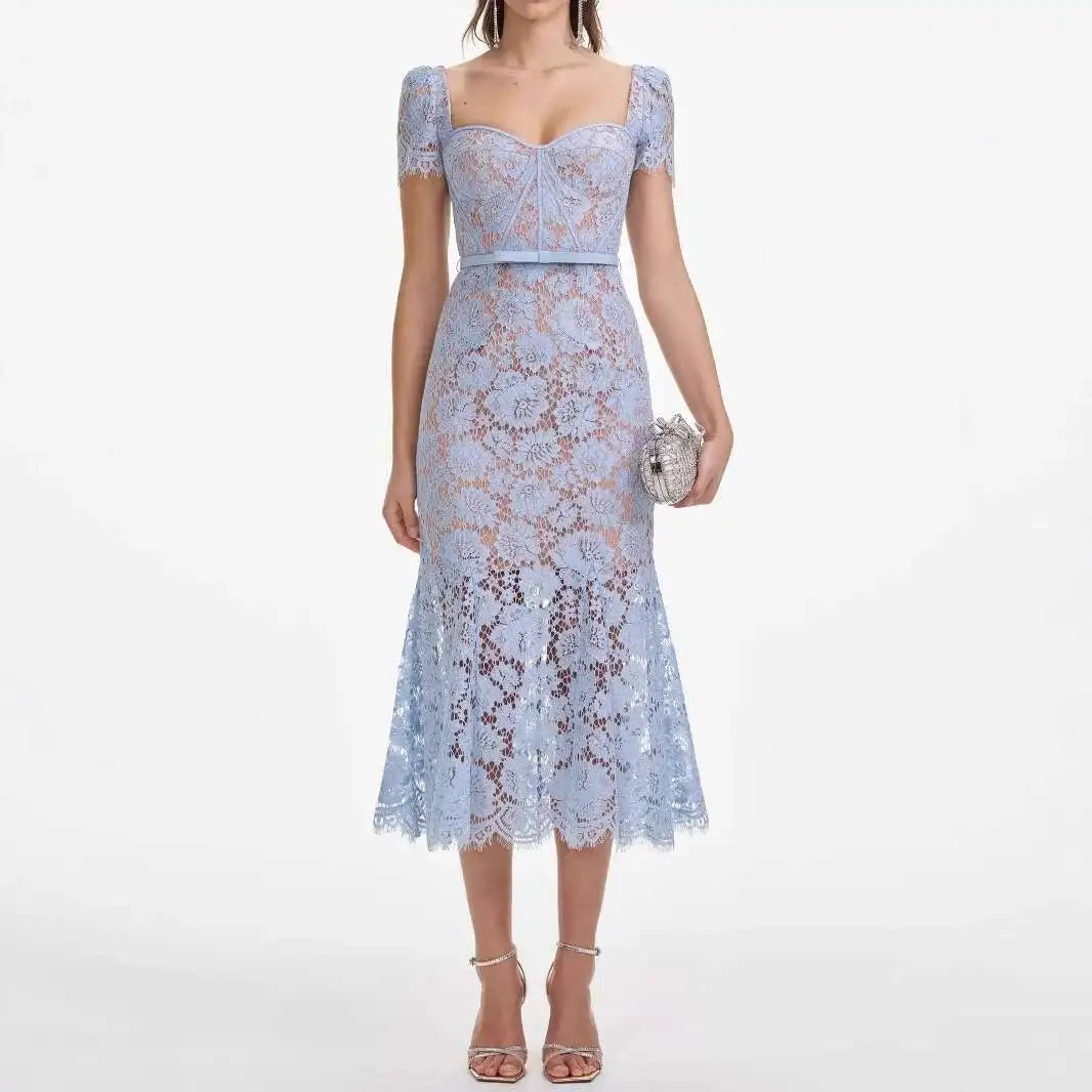 Luxury Hollow Out Long Lace Dresses Women Summer Sexy Hook Crochet Embroidery Flower Solid Backless Wedding Evening Vestidos