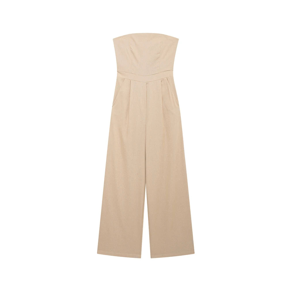 TRZA-Strapless Linen Jumpsuits for Women, Straight Neck, Back Zipper, Female Playsuits, Chic Fashion