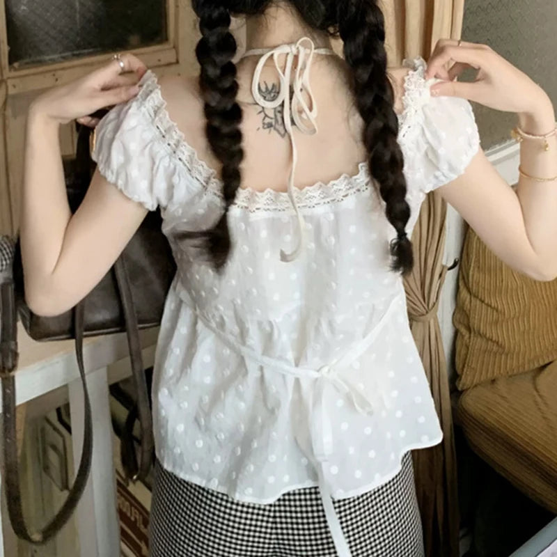 2024 New White Lace Tied Square Neck Summer T-shirts Chic Elegant Short Sleeve Tee Cotton Y2K Street Casual Bow Tie-up Top Women