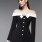 Preorder Hepburn Style Spliced Mini Black Dress French Noble One Shoulder Suit Dress A- Line Skirt Women Polyester Fiber Full Sl