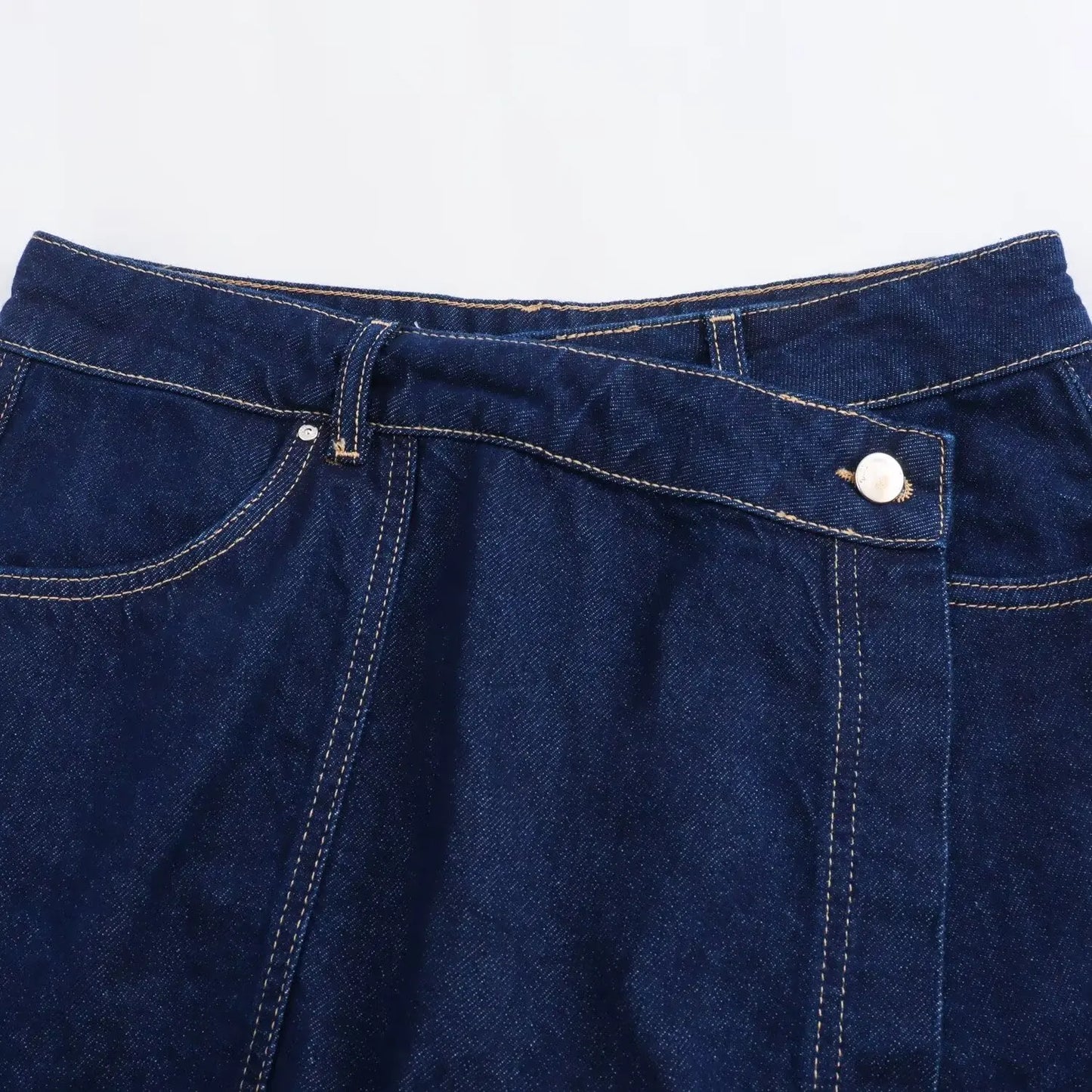 TRAFZA Summer Women Suits Denim Blue Turn-Down Collar Short Sleeves Pocket Decoration Shirts+Mid Waist Asymmetrical Shorts