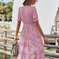 Women's Causal Striped Tassel Medium Long Dress V Neck Button Short Sleeve Spring Summer Dress