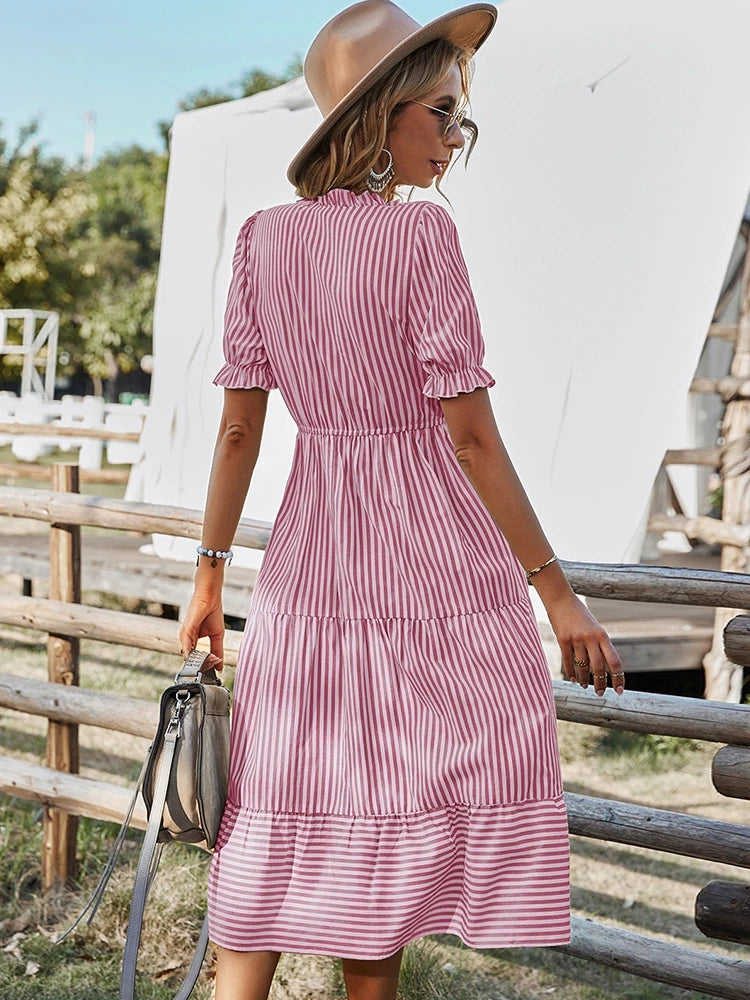 Women's Causal Striped Tassel Medium Long Dress V Neck Button Short Sleeve Spring Summer Dress