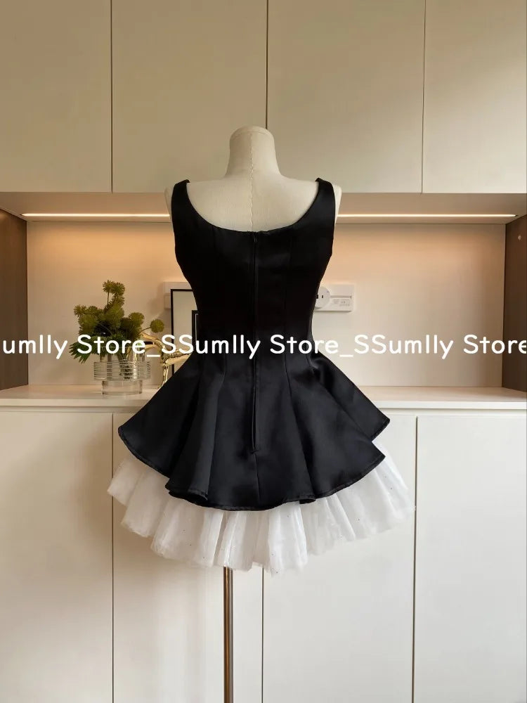 French Elegant Princess Style Slim Dress Women Mesh Black White Contrasting Puffy Dresses Summer Hepburn Chic Party Clothes 2025