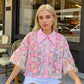 PB&ZA 2025 Women's Pink Short - length Blouse with Colorful Floral Embroidery Puff Sleeves and Collar for a Sweet Look
