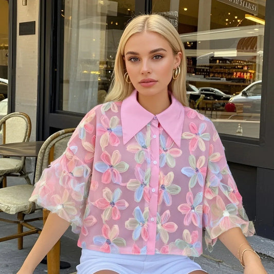 PB&ZA 2025 Women's Pink Short - length Blouse with Colorful Floral Embroidery Puff Sleeves and Collar for a Sweet Look