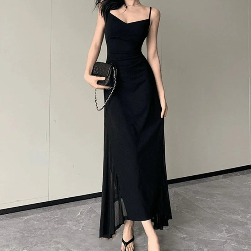 Korean V-Neck Spaghetti Strap Dress for Women Sexy Backless Waist-Tight Party Dresses Woman Elegant Black Sheer Midi Dress New