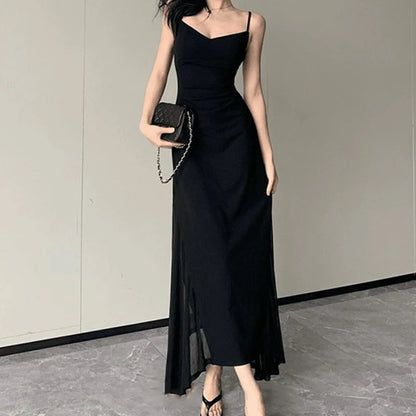 Korean V-Neck Spaghetti Strap Dress for Women Sexy Backless Waist-Tight Party Dresses Woman Elegant Black Sheer Midi Dress New