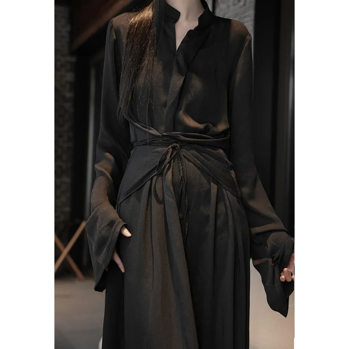 UMI MAO Chinese Style Dress Elegant Stand Up Neck Flare Sleeves Wrap Waist Show Slim Mid Length Black Drop Zen Dresses Women's