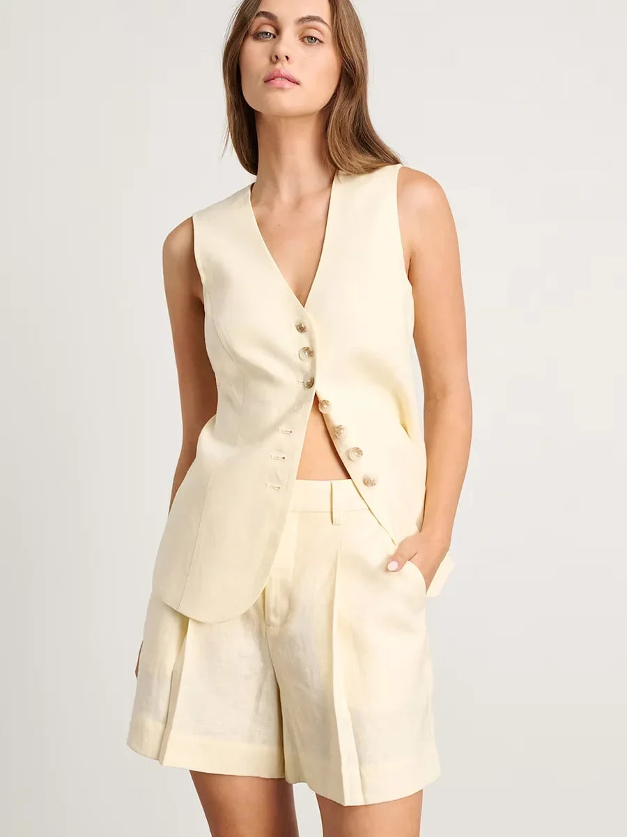 Wolfeel Cotton linen Chic Casual Vest Shorts Set Women's Fashion Commuter Sleeveless Tank Top Loose Shorts Suits Summer New