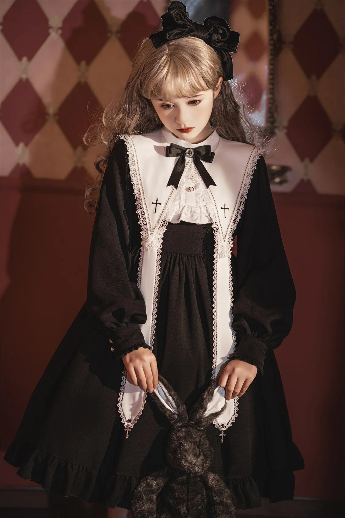 Contract Color Lolita Dress for Women Gothic Style Dark Girl Japanese Retro Op Dress Autumn and Winter Long Sleeve Black Dress