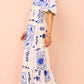 Fashion Square Collar Printed Long Dress Women Elegant Casual Short Puff Sleeved Dresses 2024 Summer Chic Female Vacation Robes